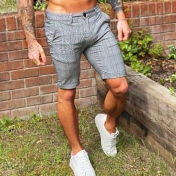 Gingtto Mens 34 Gray Plaid Skinny Chino Shorts Cuffed Stretch - Picture 2 of 12